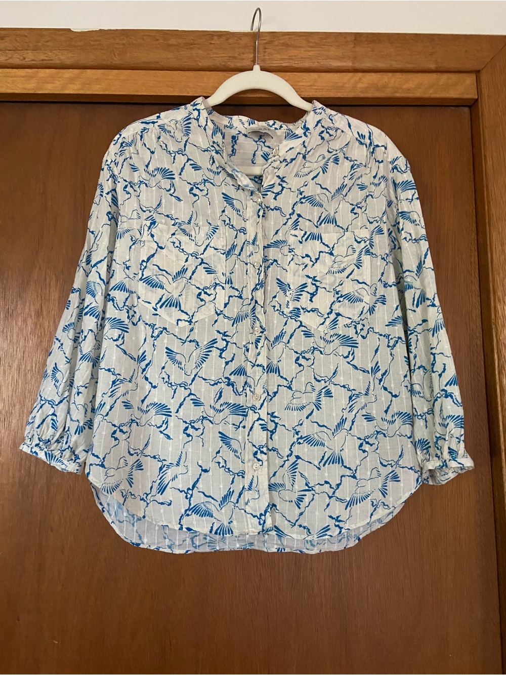 Wrap London collarless printed button down blouse